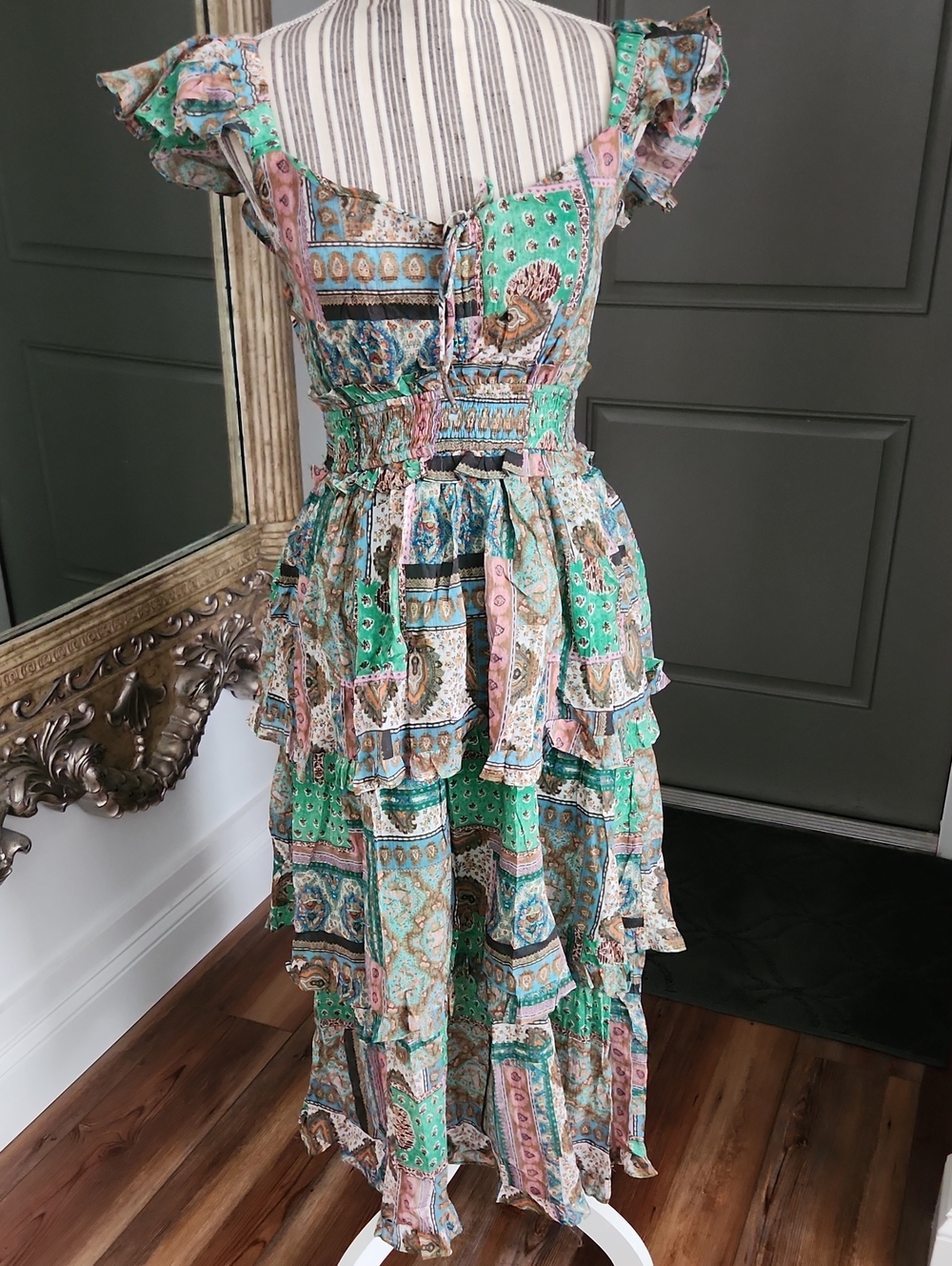 Olivaceous Boho Tiered Ruffle Midi Dress in Mint & Pastel Print